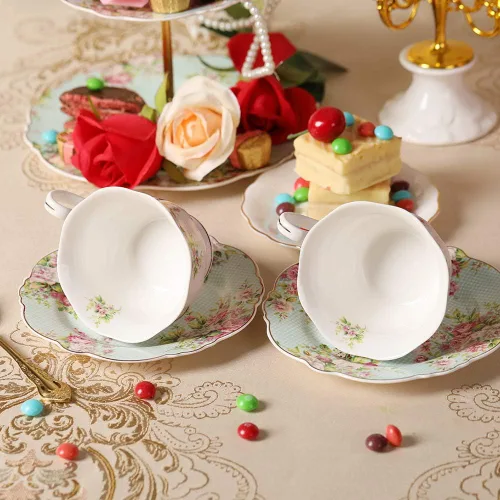 Vista 6 de Juego de taza de té y platillo de porcelana fina, azalea rosa, borde dorado, juego de cuatro