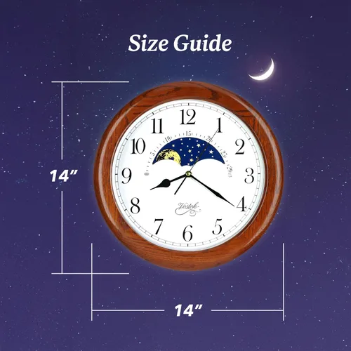 Vista 4 de JUSTIME Reloj de pared exclusivo de madera de roble macizo, sin tictac, mecánico, especialidad de fase lunar, esfera móvil, regalo, decoración