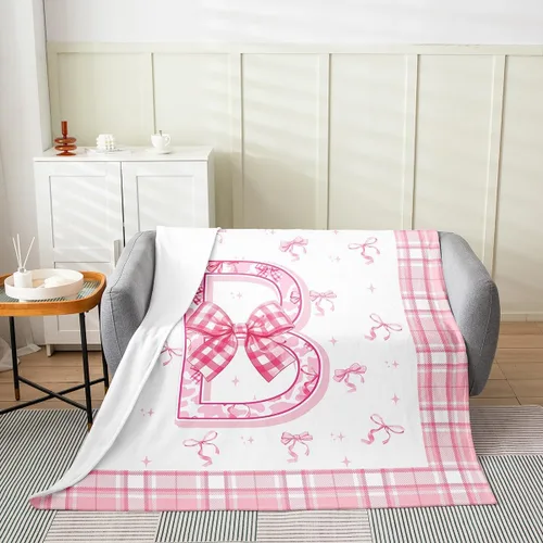 Vista 2 de Erosebridal Manta de franela con inicial de letra B, manta de forro polar con lazo rosa, 40 x 50 pulgadas, bonitos lazos del alfabeto, manta
