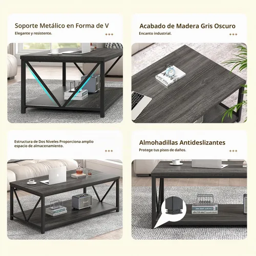 Vista 6 de FOLUBAN Mesa de centro con almacenamiento, mesas centrales pequeñas modernas para espacios pequeños, mesa de cóctel de madera rústica y metal