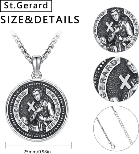 Vista 2 de Collar de San Gerardo para hombre, plata de ley 925, collar con colgante de medalla de San Gerardo, cadena de amuleto de bendición religiosa