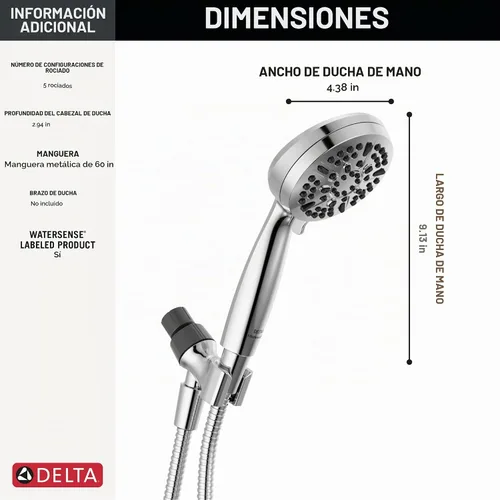 Vista 3 de Cabezal de ducha de mano Delta de 5 configuraciones, cabezal de ducha cromado con manguera, cabezales de ducha y duchas de mano, cabezales de ducha
