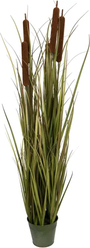 Vista 2 de Vickerman Hierba verde artificial en maceta de 36 pulgadas con espadañas en maceta de hierro.