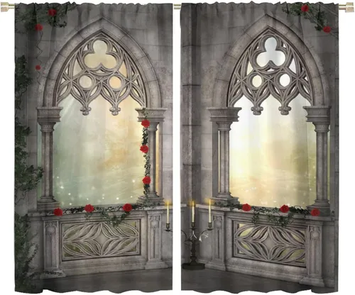 Vista 20 de Cortinas góticas con diseño de luna de Halloween, historia, puerta espeluznante, fondo de terror, vela, ficción, patrón de impresión, sala de estar
