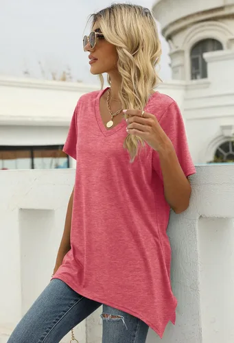 Vista 4 de Alaroo Camisetas básicas de verano para mujer, manga corta, cuello en V, túnica