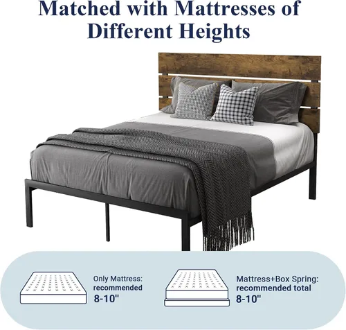 Vista 7 de Allewie Base de cama de plataforma de tamaño matrimonial con cabecero de madera y listones de metal, base de colchón de estilo rústico rústico