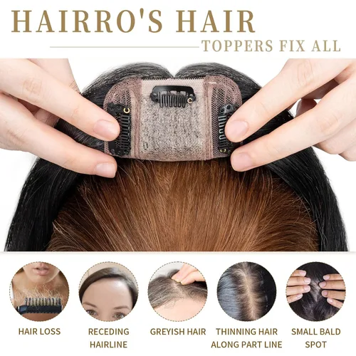 Vista 54 de Hairro Toppers de cabello humano 100% real para mujeres sin flequillo, postizos de cabello real con clip, base de seda transpirable para cubrir