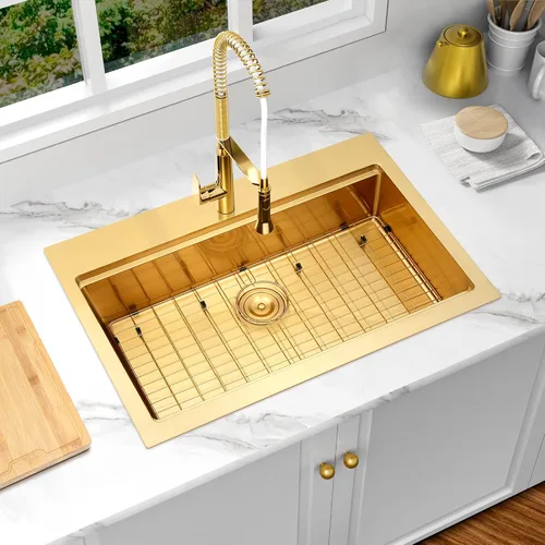 Vista 14 de Fregadero de barra dorada de 13 x 15 pulgadas, fregaderos de cocina dorados de acero inoxidable SUS304 de calibre 16 con accesorios, fregadero
