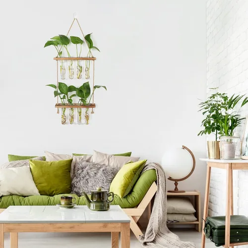 Vista 7 de Hyindoor Maceta Colgante de Pared Terrario Jarrón de Vidrio de 2 Niveles con Tubos de Ensayo, Estación de Propagación de Plantas, Colgadores