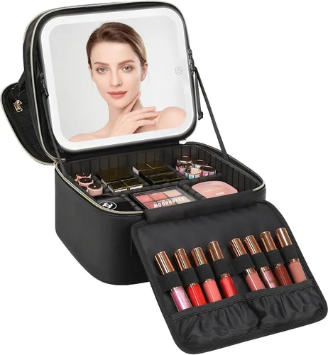 Vista 12 de Relavel Estuche de maquillaje con espejo LED, 01-Negro, Bolsa de maquillaje de viaje con espejo LED para niñas Compact Cosmetic Makeup Organizer