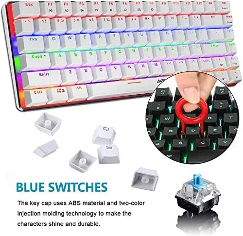 Vista 4 de Teclado mecánico para juegos con cable USB de metal mecánico azul teclado para juegos de computadora con retroiluminación LED arcoíris
