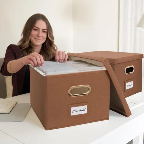 Vista 6 de ZICOTO Caja organizadora decorativa de archivos, juego de 2 archivadores plegables de lino con asas, perfectos para almacenar todos tus documentos
