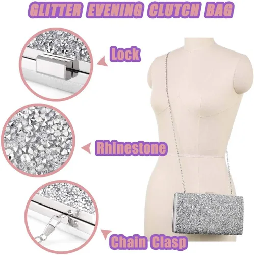 Vista 3 de ELABEST Bolso de mano de noche con purpurina de una cara con diamantes, bolso cruzado, bolso de fiesta de boda para mujer