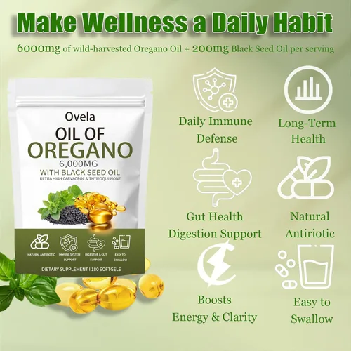 Vista 2 de Aceite de orégano de Ovela con aceite de semilla negra, aceite de cápsulas blandas de orégano, suplemento puro y natural, apoyo inmunológico, mejora
