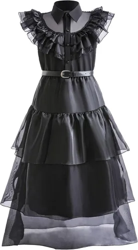 Vista 6 de LZH Wednesday Addams Costume Dress For Girls Kids Cosplay Addams Dress Up Halloween Costume With Wigs Belt Earrings