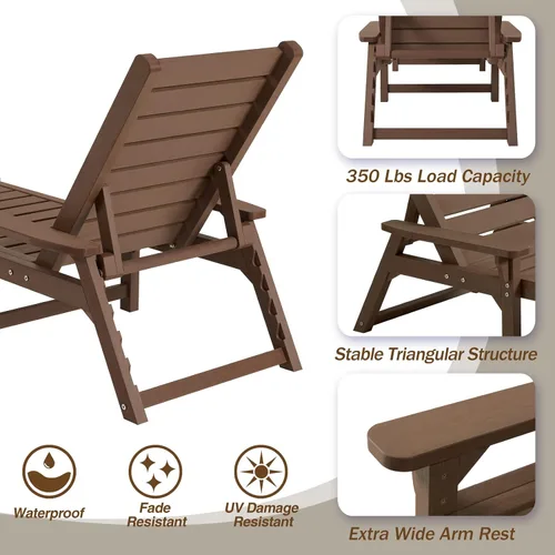 Vista 5 de Chaise Lounge, madera de polietileno, silla de salón al aire libre con respaldo ajustable, resistente a la intemperie, impermeable, a prueba