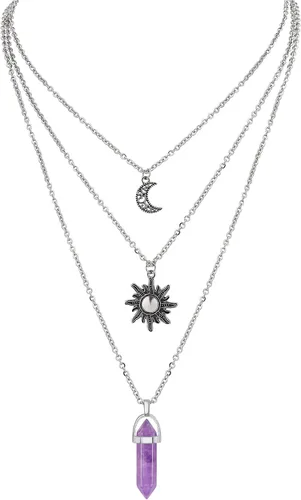 Vista 13 de Collar gótico de sol y luna para mujer, collares con colgante de cristal, accesorios Y2K, collar de luna creciente en capas para mujer, collar