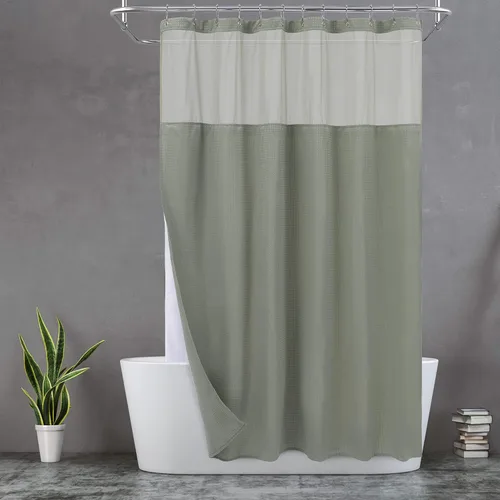 Vista 25 de N&Y HOME - Juego de cortina de ducha de punto gofre, forro de tela a presión y ganchos, para ducha pequeña, estilo hotel, ventana superior de malla