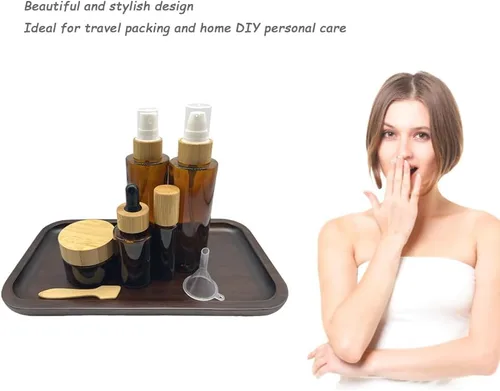 Vista 4 de Recipientes vacíos recargables de vidrio marrón para cosméticos con cubierta de bambú, paquete de 5, botella de spray, bomba de loción, cuentagotas