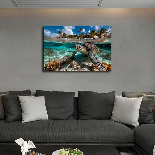 Vista 4 de Póster de tortuga marina verde nadando a través de los rayos del sol, fotos de tortugas marinas, imagen impresa en alta definición, póster retro