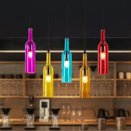 Vista 8 de Lámpara de techo industrial retro creativa con 5 luces para botella de vidrio, iluminación colgante de botella de vino de colores para cafetería