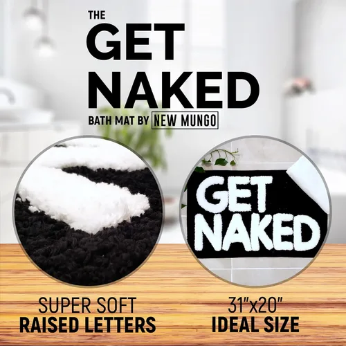 Vista 3 de New Mungo Alfombra de baño con texto en inglés «Get Naked», color negro, con letras blancas para decoración de apartamentos, divertida alfombra