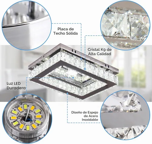 Vista 4 de Lámpara rectangular de cristal, luz de techo LED regulable Control remoto y aplicación, 3000K-6500K blanco sintonizable, cristal K9 y acero