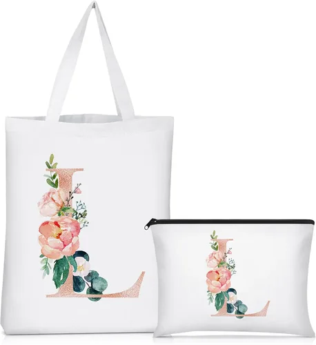 Vista 18 de Sanwuta 2 bolsas de lona con inicial, diseño floral con letras florales, bolsas de cosméticos de viaje, bolsas con monograma para mujer, mujer