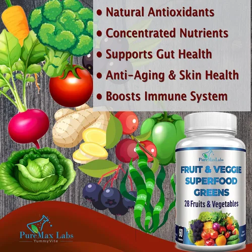 Vista 3 de Verdes superalimentos de frutas y verduras - 28 frutas y verduras con alfalfa, hierba de cebada, espirulina, raíz de remolacha, cereza ácida