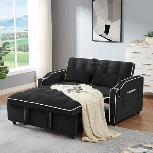 Vista 14 de Antetek Sofá cama con puerto USB y tipo C, moderno sofá biplaza convertible 3 en 1 de terciopelo extraíble con soporte para teléfono/portavasos