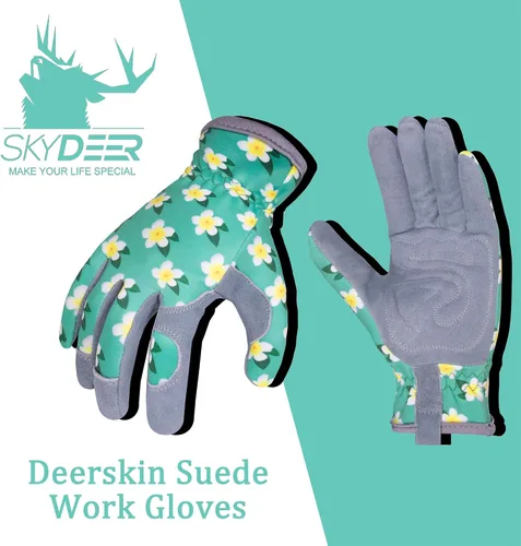 Vista 4 de SKYDEER Guantes de jardinería de piel de ciervo genuina para mujer, ultrasuaves y acolchados, ajuste cómodo para el trabajo (SD6611/M)