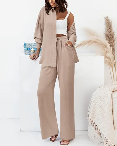 Vista 3 de dowerme Conjunto deportivo casual de 2 piezas para mujer, con botones, con cordón y pantalón largo