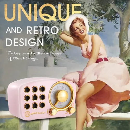 Vista 5 de Greadio Altavoz Bluetooth retro, radio FM vintage con estilo clásico antiguo, fuerte mejora de graves, volumen fuerte, conexión inalámbrica