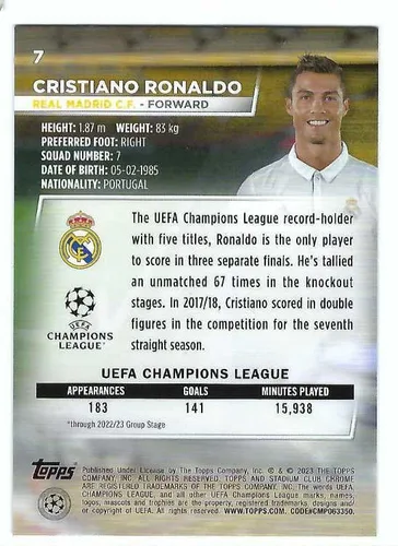 Vista 2 de CRISTIANO RONALDO 2022-23 Club Estadio Cromo Competiciones de Clubes de la UEFA Fútbol #7 Carta Real Madrid CF Portugal