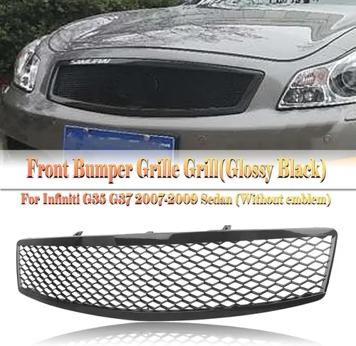 Vista 9 de Rejilla frontal de malla para Infiniti G35 G37 2007-2009 Sedan negro brillante
