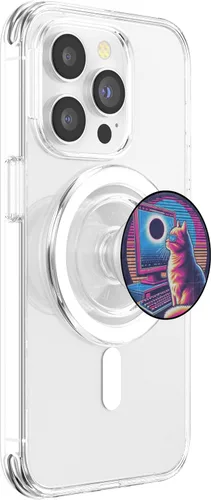 Vista 3 de Eclipse solar de gato - Synthwave Retro Poster Style PopSockets MagSafe PopGrip para iPhone