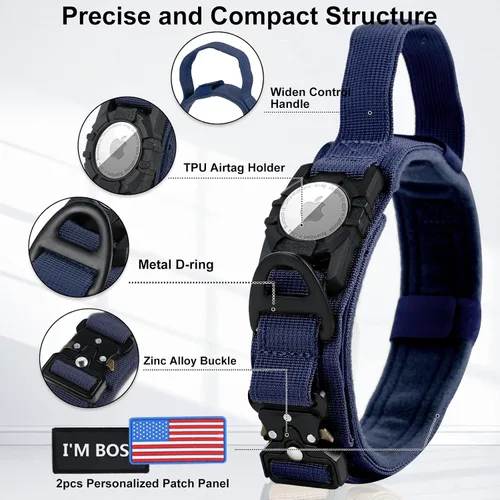 Vista 3 de AirTag - Collar táctico para perros grandes y medianos, collar de perro con asa, collar militar resistente con hebilla de metal para perros machos