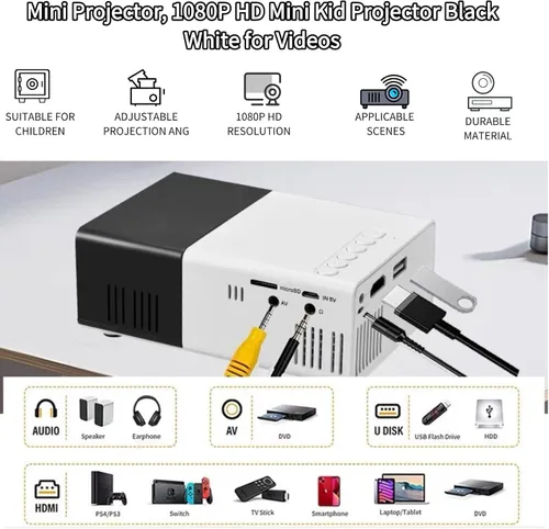 Vista 2 de Mini proyector portátil 1080P HD para cine en casa de los niños con opciones blancas y negras