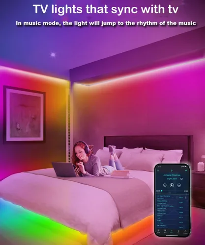 Vista 3 de Tira de luces LED para dormitorio de 33 pies, luces LED IC-RGB para habitación con control remoto de aplicación Bluetooth, tira de luz LED USB