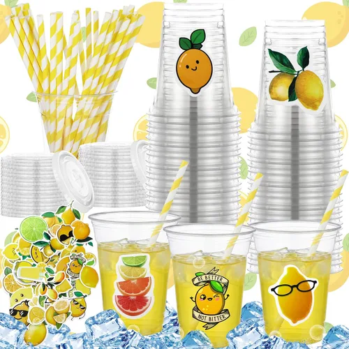 Vista 10 de Sieral 36 vasos de plástico de baloncesto de 12 onzas con tapas, popotes y calcomanías, desechables, transparentes, diseños deportivos