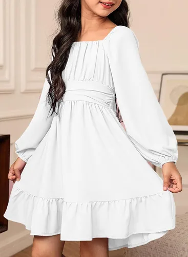 Vista 4 de blibean - Vestido de manga larga con lazo en la espalda para niñas y preadolescentes, vestido de otoño con hombros descubiertos, tallas para 6-15