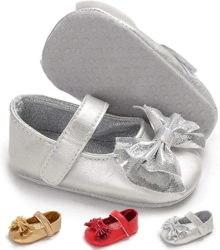 Vista 2 de BABITINA Zapatos para bebé niña Mary Jane planos con lazo antideslizante para primer camino, zapatos de vestir para bebés