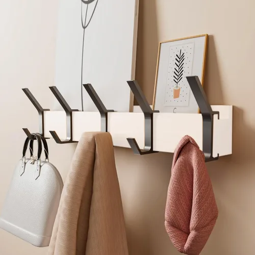 Vista 8 de Perchero de pared Perchero de 17 pulgadas con 5 ganchos dobles extraíbles Ganchos para sombrero, llave, mochila, toalla, gancho de pared de Negro