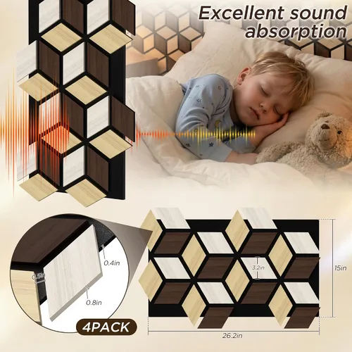 Vista 5 de Paquete de 4 paneles de pared acústicos, PVC 3D de 27 x 18 pulgadas, paneles de pared de madera insonorizados para decoración de pared