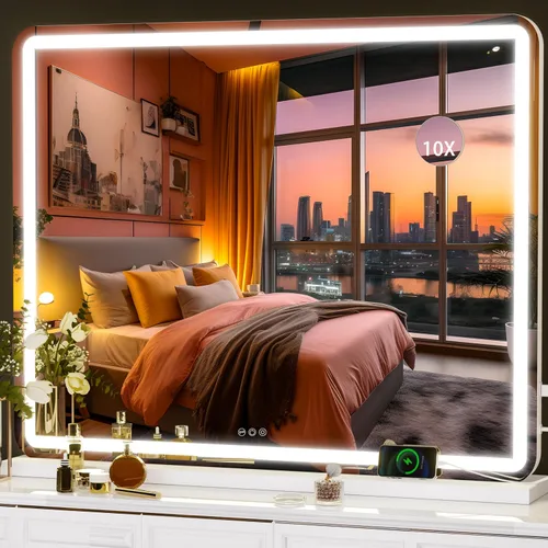 Vista 40 de Hasipu Espejo de tocador con luces, espejo LED de maquillaje de 31.5 x 22 pulgadas, espejo de maquillaje iluminado con 3 modos regulables, espejo