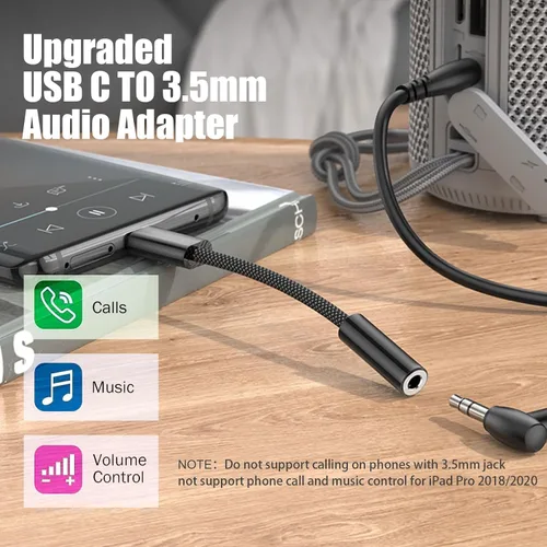 Vista 2 de Fidioto 1 paquete de adaptador de auriculares USB tipo C a conector hembra de 3.5 mm negro, cable de dongle de audio USB C a auxiliar de 16 bits