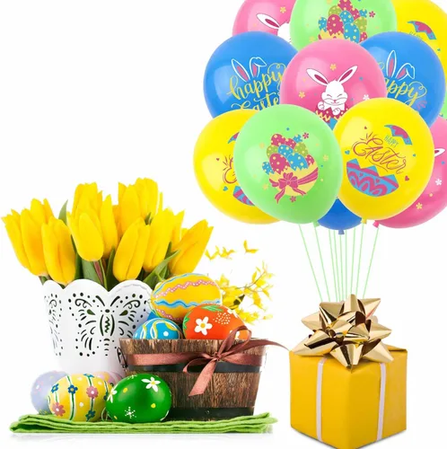 Vista 2 de Globos de Pascua con diseño de huevos de conejo, globos de fiesta verde, rosa, azul, amarillo, para fiesta temática de Pascua, suministros