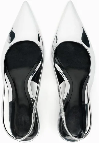 Vista 5 de KaroNairy Tacones plateados de gatito para mujer, tacones metálicos con puntera puntiaguda, punta cerrada, tacón bajo, zapatos de tacón para vestido