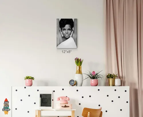 Vista 2 de HB Art Design Cantante y actriz estadounidense Diana Ross - Lienzo decorativo en blanco y negro para pared, hermoso icono de arte afroamericano