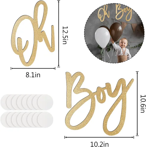 Vista 6 de OH BOY Letrero de madera dorado para baby shower y decoración de revelación de género, telón de fondo ligero para decoración de pared para fotos